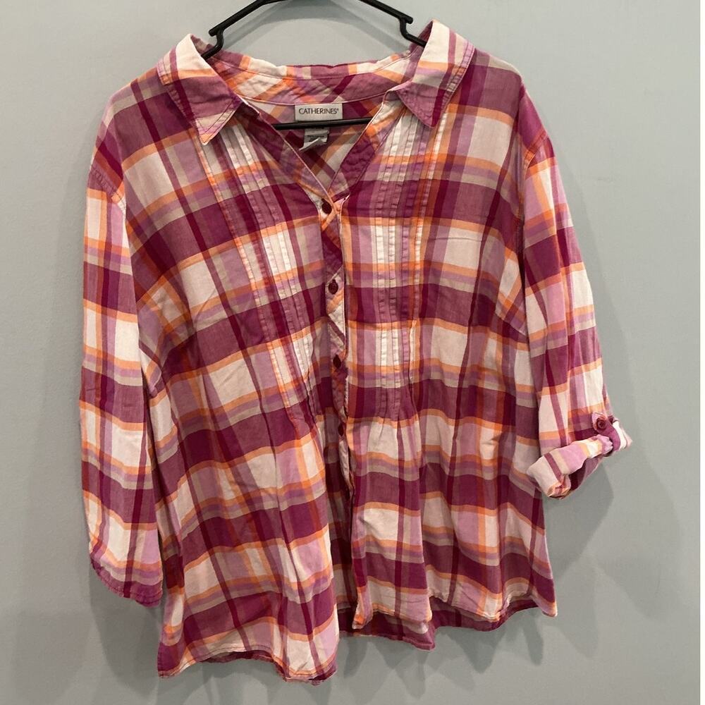 Catherines Womens Button Up Roll Tab Sleeve Shirt Size 2X Pink Plaid Office Work